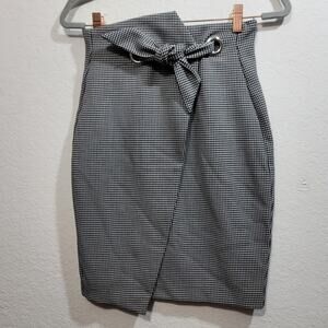 H&M Black White Houndstooth Asymmetric Tie Front Knit Pencil Skirt Size 6